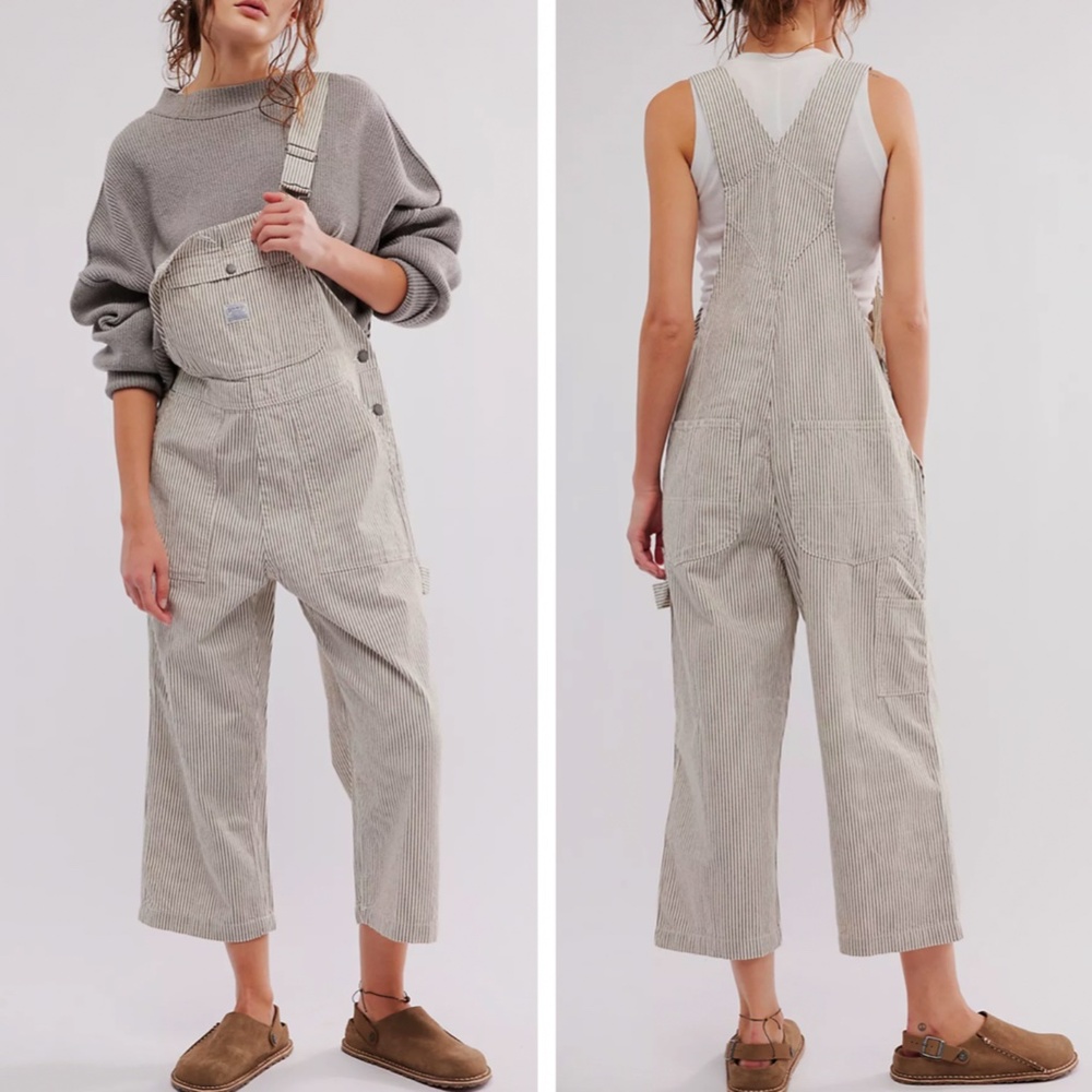 NWT Free People x Denimist Relaxed Overall - Brown Railroad Stripe White